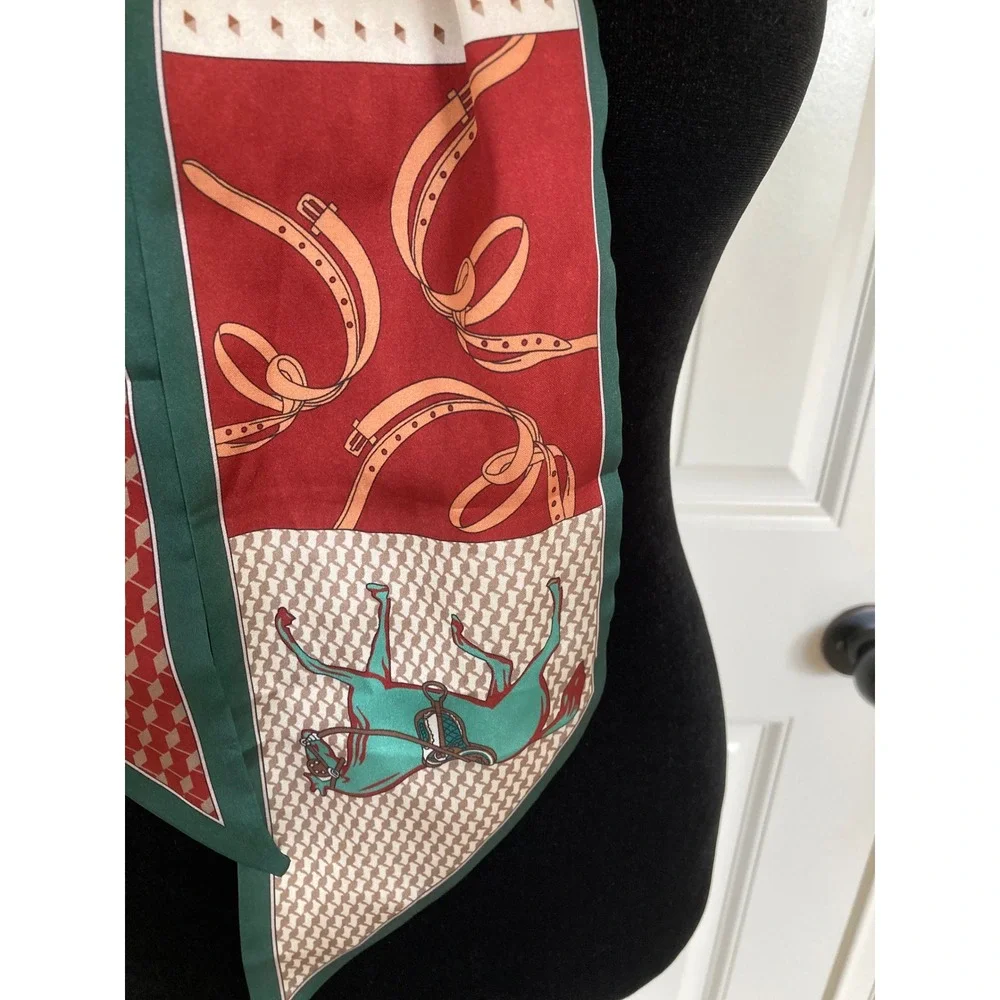 Equestrian Horse Print Skinny Scarf Red Green Patchwork Twilly Handbag Ribbon